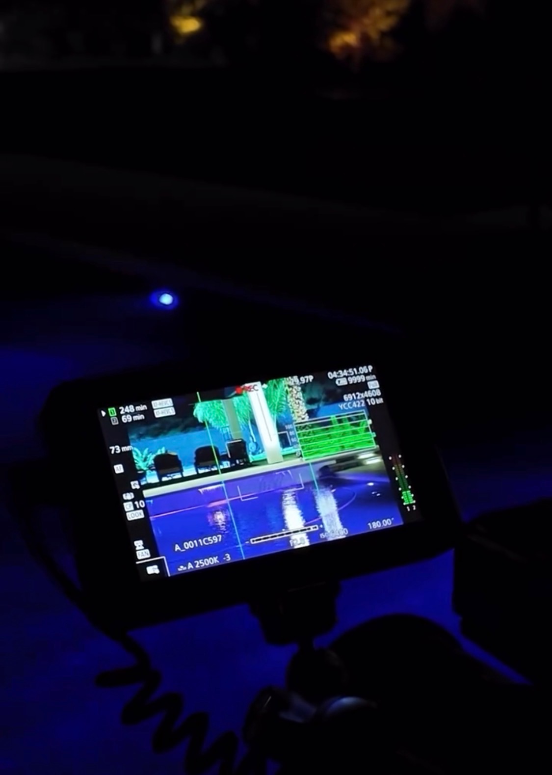 Camera monitor rolling on a night pool shoot