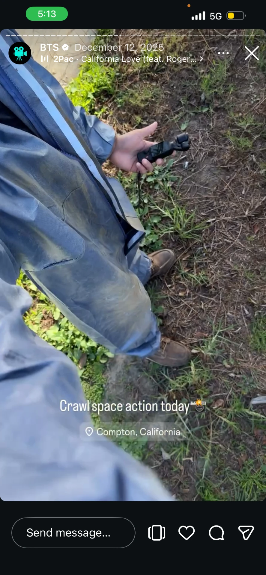 Suited up filming a crawl space job in Compton, California